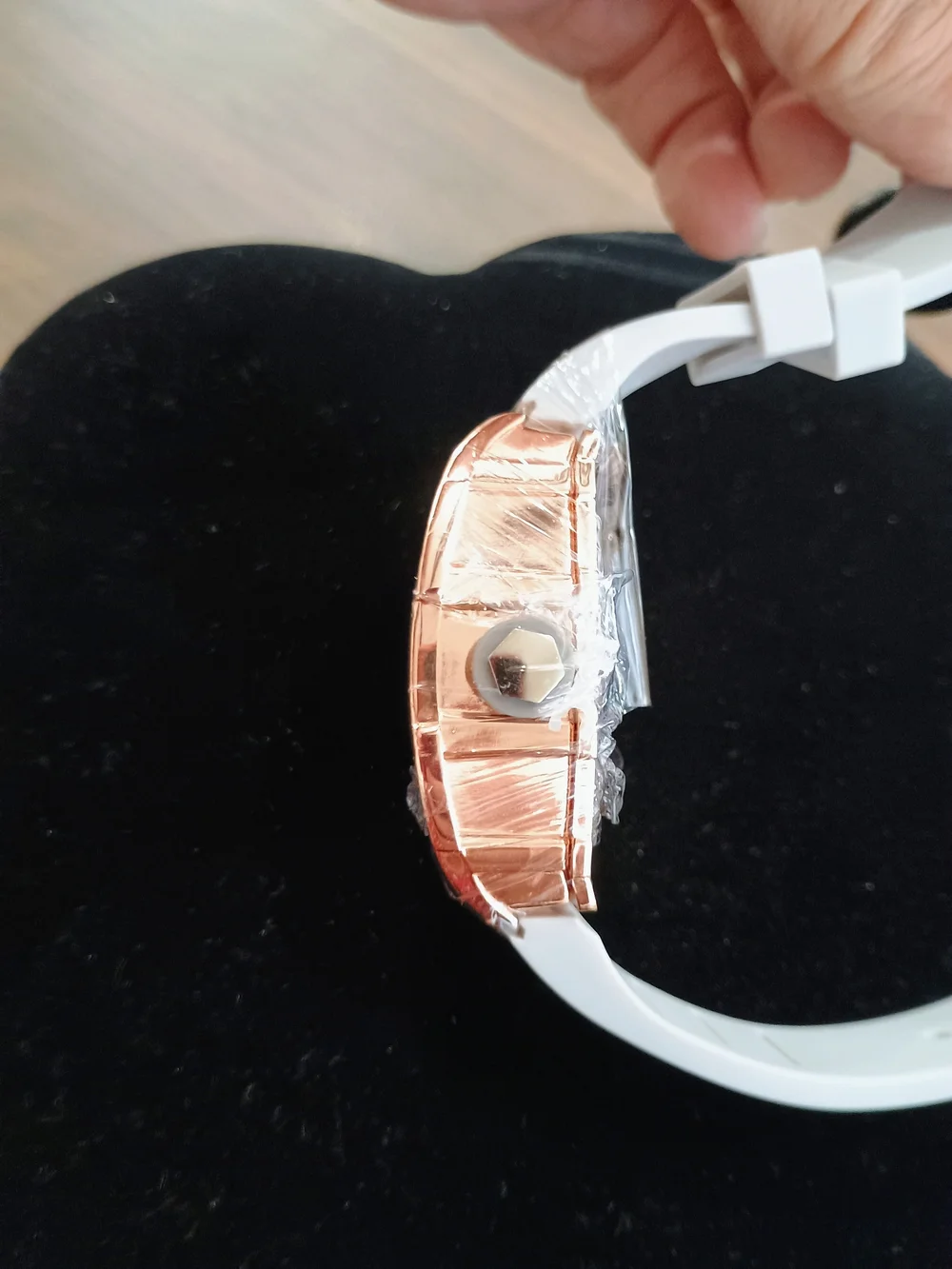 Gray Strap Rose Gold Skull Dial Men's Watch
